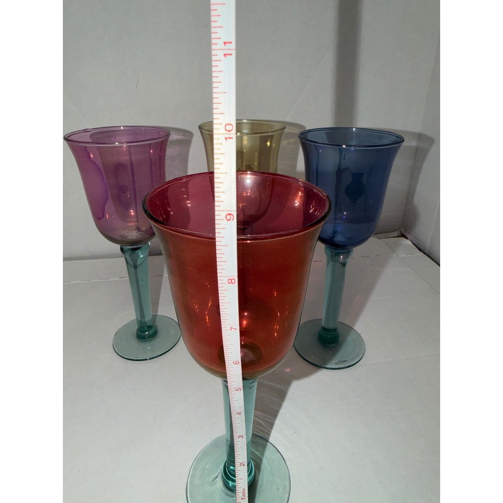 Vintage Jewel Tone Iridescent Wine Goblets 4 Mixed Colors Teal Stems 9.75" - Picture 5 of 8